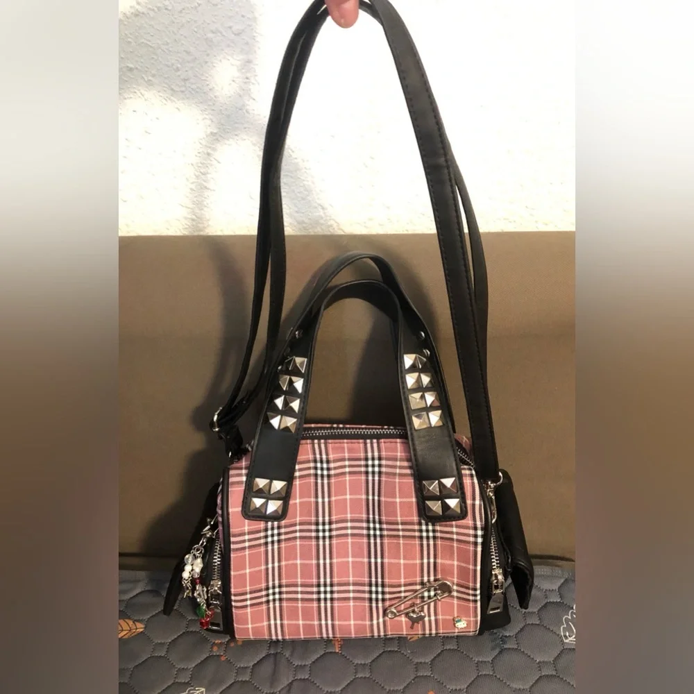 Plaid Pink Stud-Accent Satchel Handbag